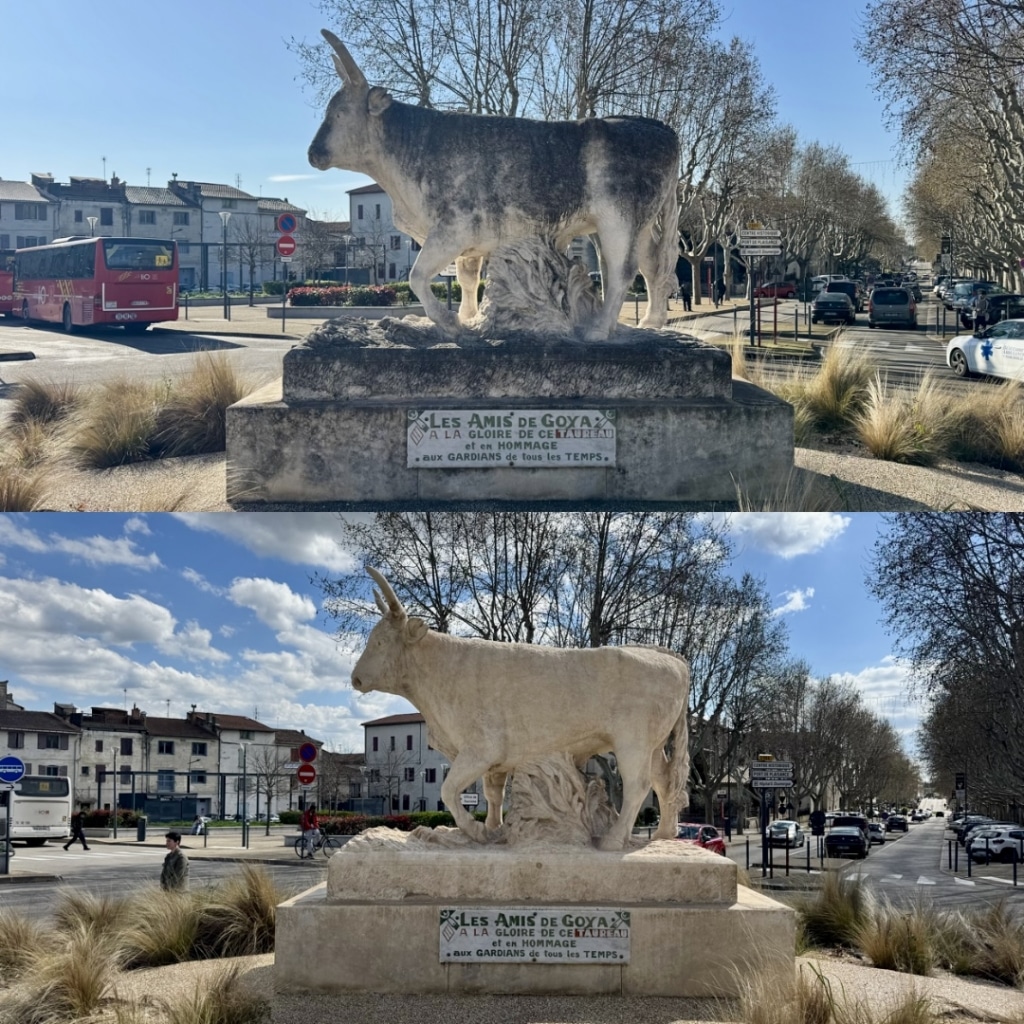 Nettoyage statue taureau Beaucaire avant / après